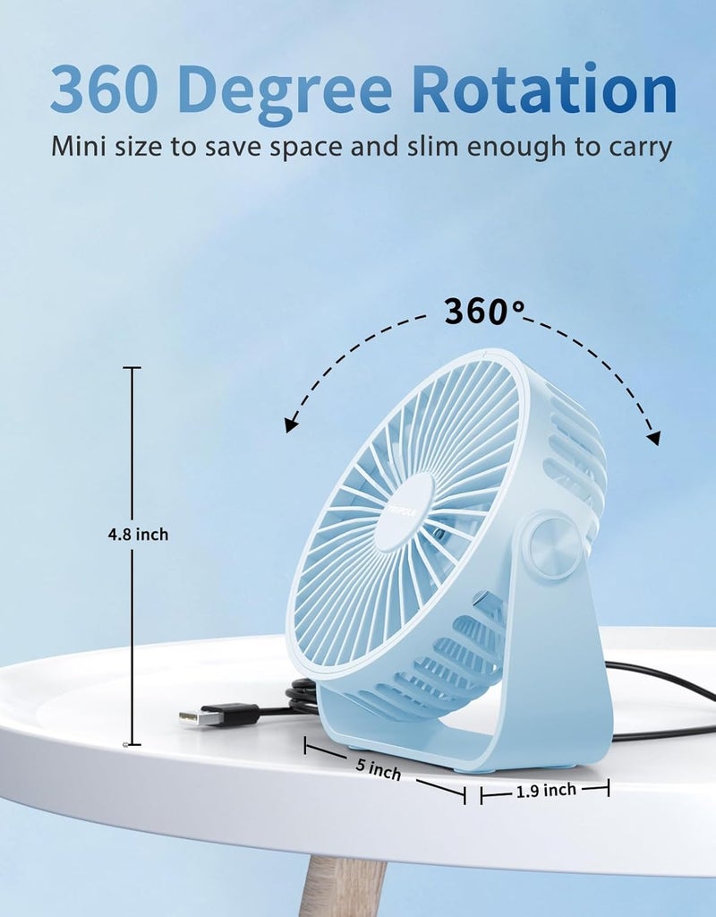 TriPole USB Desk Fan Portable Mini Fan Powerful 3 Speeds Wind Personal Desktop Fan with 360° Head Rotation for Home Office Car Indoor Outdoor Blue, No Battery, 4.5 Inches - Image 5